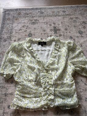 Lulu's White Floral Ruffle Neck Blouse